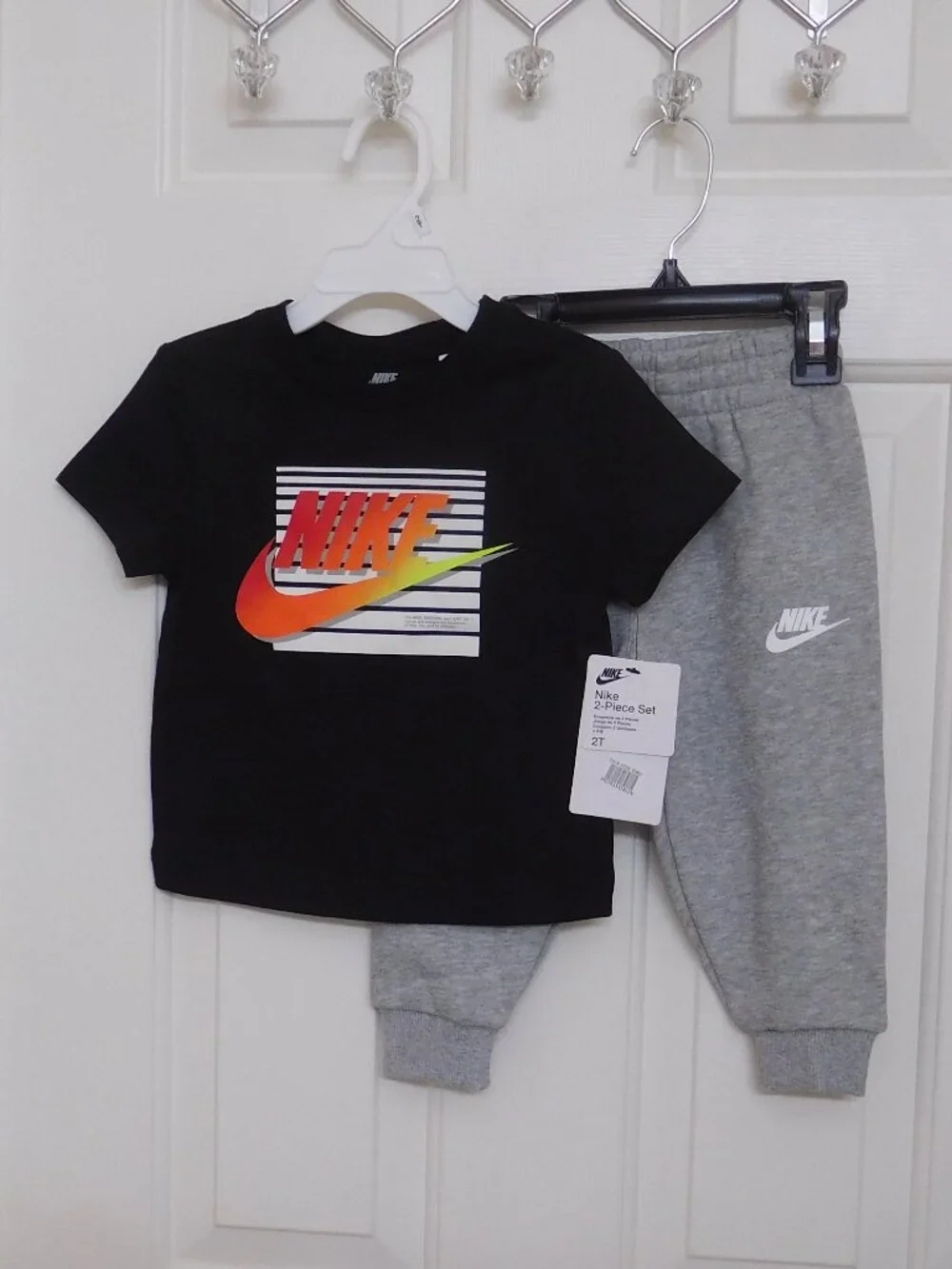 NWT 2pc Nike Black Red Orange Logo Shirt & Gray Joggers Set sz 2t